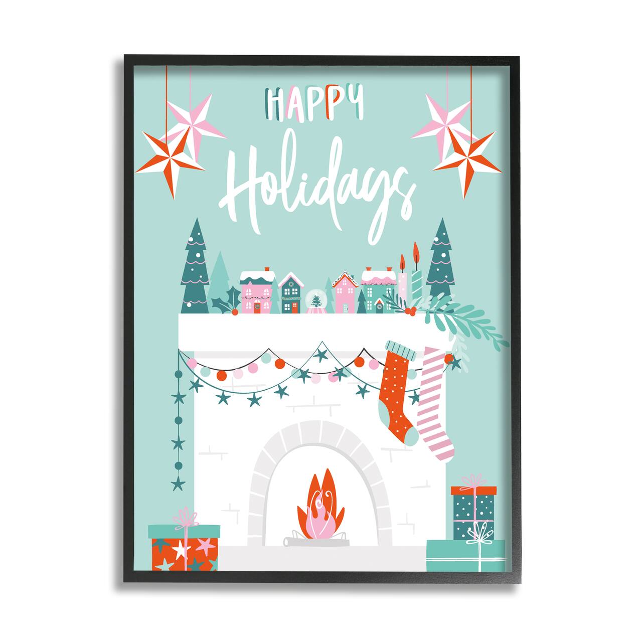 Stupell Industries Happy Holidays Festive Mantel Stockings Framed Giclee Art